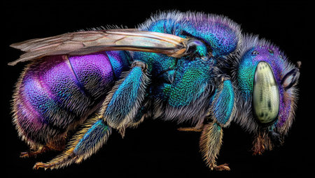This image showcases a vividly colored bee with a mix of blue, purple, and green hues. The macro shot reveals intricate textures and details against a dark backdrop. The lighting highlights the insect's features and suggests potential use in educational materials or artistic projects.の素材