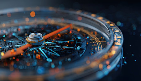 A close-up captures a digital compass with an orange needle set against a dark background. The image exhibits a futuristic style with blue and orange bokeh lights. It may be suitable for illustrative use in technology articles, business presentations, or website design elements related to direction, strategy, or guidance.の素材