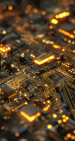 This image showcases a detailed view of a circuit board illuminated by golden lights, suggesting data flow. The composition highlights intricate pathways and electronic components. The visual style features a shallow depth of field, ideal for illustrating technology, innovation, and digital concepts. Suitable for various editorial and commercial applications.の素材