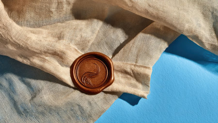 A detailed image showcases a brown wax seal with an intricate design placed on a folded beige cloth. The composition includes a bright blue surface, creating a contrast. This photograph displays textures and lighting. It could be used for various design, marketing, or editorial projects.の素材