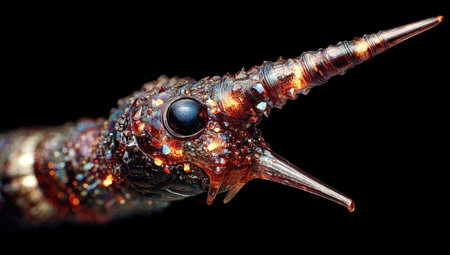 This macro shot displays a unique creature featuring an elongated, horn-like protrusion. The intricate textures reveal a metallic-like surface with vibrant orange and brown hues, set against a dark backdrop. The composition is close-up, highlighting the details of the creature, and suitable for conceptual or illustrative purposes.の素材