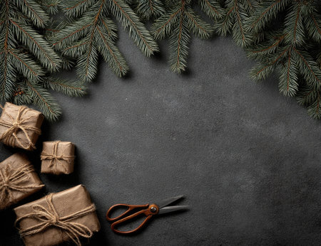 Christmas gifts are arranged near lush green evergreen branches on a dark background. The gifts are wrapped in brown paper, while a pair of scissors rests nearby. The composition uses overhead lighting, creating a high-angle view suitable for various commercial purposes.の素材