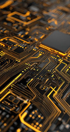 This image presents a detailed view of a computer circuit board, featuring intricate golden lines and a central processor. The composition emphasizes the complex network of pathways on a black background. The visual style uses a modern, technical aesthetic, suitable for illustrating technology concepts or serving as a background element.の素材