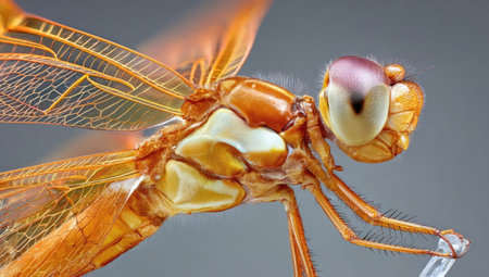 A detailed image showcases a striking orange dragonfly, highlighting its complex wing structure and body segments. The macro photography captures the insect's delicate textures and colors against a soft, blurred background. Suitable for scientific illustrations, educational materials, and various design projects.の素材
