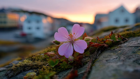 A close-up view presents a vibrant pink flower with five petals, set against a blurred background of buildings and a colorful sunset. The flower rests on a moss-covered stone, showcasing rich textures and natural details. Ideal for illustrating concepts of growth, nature, or environmental themes. Suitable for various commercial uses.の素材