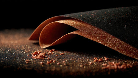 This image showcases a close-up of layered paper, featuring a textured surface and particles. The warm, earthy tones of brown and black contrast against a dark background, creating a dramatic effect. The composition highlights the material's curves and patterns, suitable for various design, texture, and abstract concepts.の素材