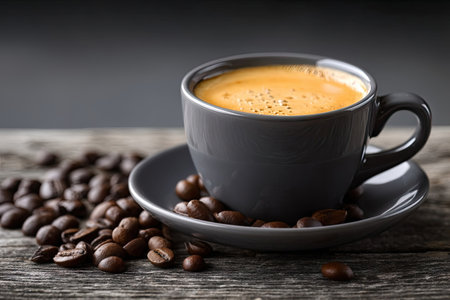A close-up shot presents a cup of coffee resting on a saucer, surrounded by coffee beans. The scene is illuminated with soft lighting, highlighting the textures of the cup, saucer, and beans. Suitable for use in articles, websites, and promotional materials related to beverages.の素材