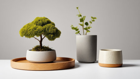 This image showcases three potted plants arranged on a wooden tray against a simple, light background. The composition includes a bonsai-style tree, a plant with green leaves, and a smaller, empty pot. The scene utilizes natural lighting and emphasizes the textures and shapes of the plants and containers, offering potential applications for various commercial purposes.の素材