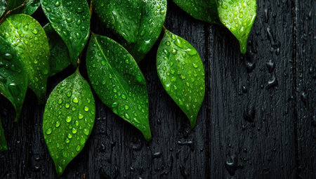 This image showcases vibrant green leaves adorned with water droplets, set against a dark, textured background. The composition highlights the natural beauty of the plant life, with visible detail and strong contrast. This image could be used for various commercial projects related to nature, health, and design, among other uses.の素材