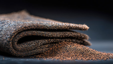 This image showcases a close-up of folded fabric, presenting a rich textured surface. The color palette primarily features shades of brown and gray, with a grainy appearance. The composition is simple, set against a dark background, and lit subtly. Suitable for illustrating textile details, design, or conceptual art for a variety of projects.の素材