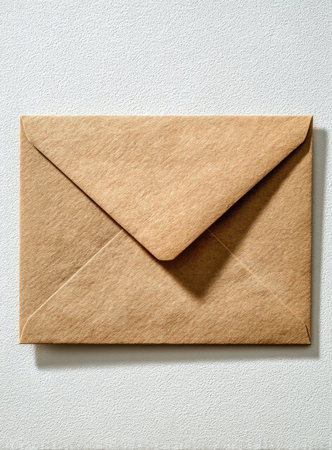 An overhead shot presents a brown envelope, the primary subject, resting on a white, textured backdrop. The envelope's angled flap casts a shadow, adding depth. The composition focuses on simplicity, featuring the envelope's natural color and paper texture. Suitable for various uses, this image could serve commercial and editorial purposes.の素材