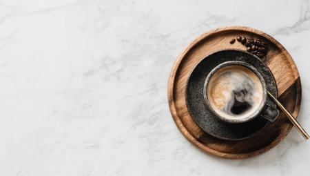 A close-up shot shows a cup of coffee on a wooden tray with scattered coffee beans. The composition features warm tones, with the coffee's dark color contrasting against the light background. The image could be used for various purposes, including promotional materials or articles about beverages.の素材
