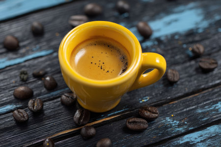 This image showcases a vibrant yellow coffee cup brimming with rich espresso. Surrounding the cup are numerous roasted coffee beans, suggesting a focus on coffee preparation or enjoyment. The composition uses overhead lighting and features natural textures on a rustic surface, potentially suitable for beverage advertising or editorial features.の素材