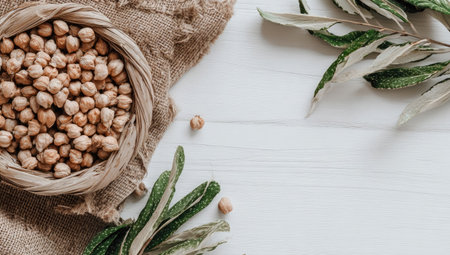 A close-up captures a rustic basket brimming with chickpeas. Soft light illuminates the composition, highlighting the texture of the beans. Green leaves offer a natural contrast against the wooden surface. This image is suitable for culinary articles, food blogs, or use in healthy lifestyle content.の素材