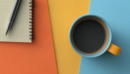 An overhead view displays a coffee cup and a notepad resting on a vibrant three-color background. The image presents a clean and modern composition with a high-angle perspective. The color palette includes orange, yellow, and blue, creating a visually appealing arrangement suitable for various design projects.の素材