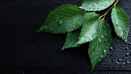This close-up showcases vibrant green leaves with water droplets, set against a dark, textured wooden backdrop. The high-angle composition highlights the detailed veins and natural textures, illuminated by subtle lighting. This image could be used for various projects, including editorial features and commercial designs.の素材