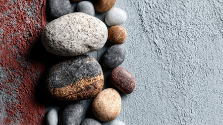 An assortment of polished stones rests on two distinct textured backgrounds. The image features a variety of stone sizes and colors, creating visual interest. The composition may be suitable for illustrating concepts of nature, textures, or design elements, and could be utilized in various commercial projects.の素材