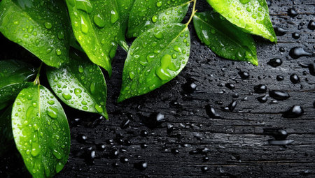 This image showcases fresh green leaves adorned with water droplets, set against a dark, textured background. The composition emphasizes the natural beauty of the plant life. The contrasting colors and textures create a visually appealing arrangement, ideal for illustrating concepts related to nature, freshness, or environmental themes. Suitable for various commercial uses.の素材