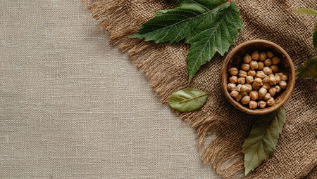 This image displays a wooden bowl filled with chickpeas alongside green leaves on a textured, beige fabric. The composition showcases a close-up perspective with natural lighting. The color palette primarily consists of earth tones. It would be suitable for culinary, health, or lifestyle publications and commercial projects.の素材