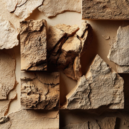 This image presents a close-up of a stone wall, showcasing various shapes and textures. The composition features an array of irregularly shaped stones with a blend of light and shadow, creating depth. The color palette primarily consists of earthy tones. This photograph could be useful for commercial and editorial purposes.の素材