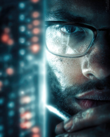 A close-up portrait shows a man with glasses illuminated by cool blue light. The image features a shallow depth of field, emphasizing the man's face, with a blurred backdrop of lights. The overall aesthetic suggests a technological or futuristic theme, suitable for editorial or commercial applications.の素材