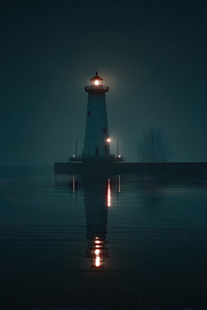 A tall lighthouse stands prominently, its beacon casting a warm glow against the cool, dark night sky. The structure is reflected in calm water, creating a symmetrical composition. The scene showcases subdued colors and soft lighting, suggesting a serene coastal setting. Suitable for various editorial and commercial applications.の素材