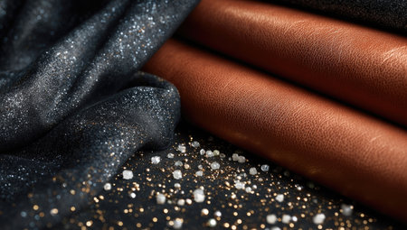An overhead close-up shows textures of dark blue fabric and brown leather. Tiny white and gold particles are scattered across a dark surface, enhancing the visual interest. The composition is well-lit, providing depth and contrast. This image could be used for various commercial or artistic purposes.の素材