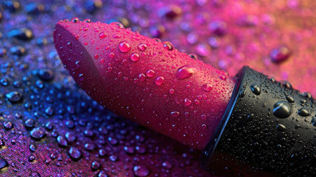 A close-up captures a pink lipstick covered in water droplets against a colorful background. The image showcases the product's texture and color, set within a studio-style environment. The visual style is designed to be eye-catching, with potential applications for beauty or cosmetic-related commercial use.の素材