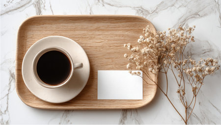 A top-down composition presents a coffee cup and saucer on a wooden tray alongside a blank card and delicate dried flowers. The scene features a marble surface, with warm tones in the wood and flowers contrasting with the monochrome surroundings. Suitable for editorial and commercial projects.の素材