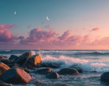 A scenic coastal view features a rocky foreground and an ocean horizon. Gentle waves crash against the shore under a sky painted with shades of pink and blue. The composition, lit by warm sunlight, evokes a sense of tranquility. Ideal for travel, nature, or background imagery.の素材