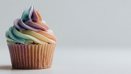 A single cupcake is centered, showcasing vibrant rainbow-colored frosting atop a paper liner. The frosting exhibits a swirled texture and gradient of colors. The clean white backdrop provides ample copy space, suitable for various promotional or editorial applications. The image offers a cheerful and visually appealing aesthetic.の素材