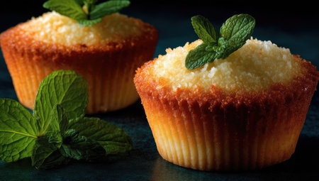 Two golden-brown cupcakes are presented on a dark surface, garnished with fresh mint leaves. The cupcakes feature a textured surface, possibly coconut, and are lit with soft lighting. The image evokes a sense of freshness and homemade quality, suitable for food blogs, recipe demonstrations, or advertising.の素材