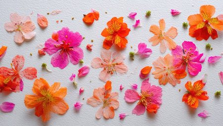 An overhead shot reveals a decorative assortment of colorful flowers and petals. Various shades of pink and orange flowers are scattered across a neutral white backdrop. This image captures a delicate and artistic aesthetic, lending itself to design projects or editorial illustrations.の素材
