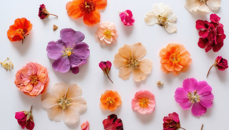 An overhead view displays a collection of vibrant blossoms scattered across a white surface. The flowers showcase a spectrum of colors including orange, pink, purple, and cream. The composition features a variety of textures and shapes under natural lighting, suitable for various design and commercial purposes.の素材