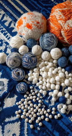 An overhead shot showcases diverse yarn balls in various sizes and shades. The composition features a mix of white, blue, and orange yarn against a patterned textile. The lighting is soft and diffused, highlighting textures and shapes. This image might be suitable for illustrating craft projects or textile-related content.の素材
