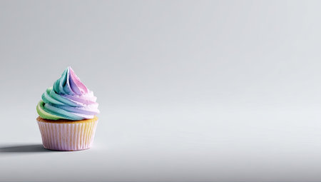 A single cupcake is the central subject, featuring vibrant pastel-colored frosting atop a light brown base. The composition is set against a simple, pale backdrop, suggesting a studio environment. The image uses soft lighting, and it could be used commercially for various food or dessert related purposes.の素材