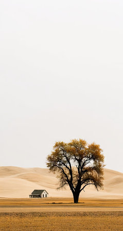 An image captures a solitary tree and a small building set against a backdrop of sandy dunes under a muted sky. The composition emphasizes simplicity with its minimal color palette and expansive negative space. Suitable for various projects, it can illustrate themes of solitude, resilience, or environmental awareness.の素材