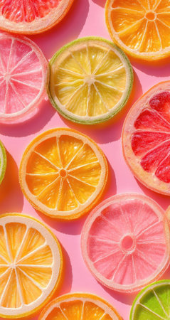 This image features overhead view of colorful citrus fruit slices. The arrangement includes oranges, lemons, grapefruit, and limes, each sliced to reveal their vibrant colors. The fruits are set against a pink background, enhancing the visual appeal. This image would be suitable for use in design, editorial, or commercial projects related to food and health.の素材