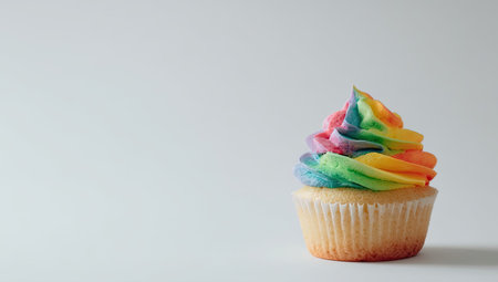 A single cupcake is the central subject, featuring vibrant rainbow-colored frosting atop a light-colored cake. The image presents a clean studio shot, with soft lighting and a plain white backdrop. This photograph could be used for various commercial projects related to food, baking, or celebrations, with copy space available.の素材