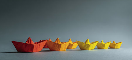 An image showcases several paper boats in a line, featuring vibrant red, orange, and yellow hues. The boats are set against a neutral grey backdrop with soft lighting, creating a sense of depth. This composition could be used to illustrate concepts related to leadership, teamwork, or creative solutions.の素材
