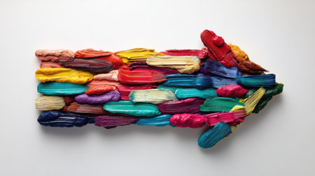 An arrow composed of colorful paint strokes points rightward against a white backdrop. The artwork showcases a variety of hues and textures, with a studio-lit composition that emphasizes the forms. Suitable for visual concepts and designs, the imagery can be used for diverse commercial purposes.の素材