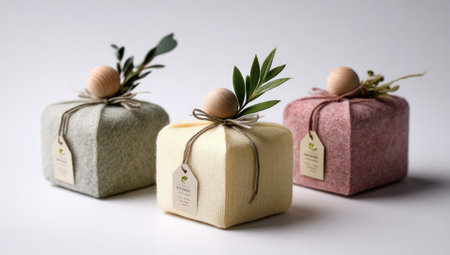 Three uniquely decorated gift boxes are presented on a clean white backdrop. Each box, wrapped in different soft colors, features a small wooden egg and fresh greenery as a decorative element. The composition is well-lit, suggesting a studio setting, suitable for promotional material or artistic projects.の素材