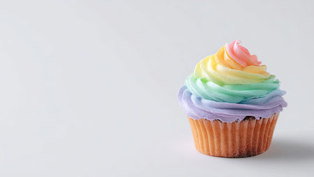 A single cupcake is presented against a plain white backdrop. The dessert features vibrant rainbow-colored frosting atop a golden-brown cupcake. The image displays a clean and simple composition, emphasizing the colorful treat. This image is suitable for various commercial purposes, including culinary promotions.の素材