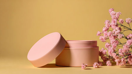 A beauty product jar is displayed alongside delicate pink flowers against a solid yellow backdrop. The composition features soft lighting and a minimalist style. This visual could be utilized for various cosmetic or beauty industry presentations, showcasing skincare products or related themes. The scene conveys a sense of tranquility and natural beauty.の素材