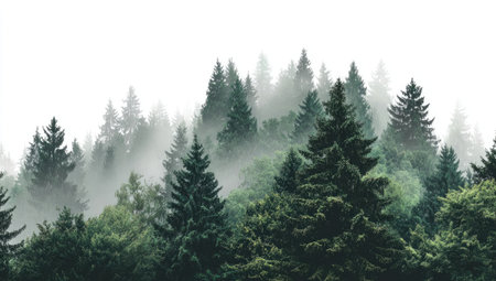 This image showcases a tranquil forest scene, with layers of evergreen trees enveloped in a misty fog. The composition displays various shades of green, with subtle textures and a soft, diffused lighting effect. It suggests an outdoor environment, suitable for themes related to nature, environment, or general illustrative uses.の素材
