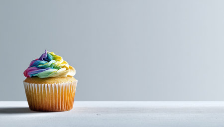 A single cupcake is centered, showcasing vibrant rainbow frosting atop a golden-brown cake. The cupcake sits on a white surface against a light gray backdrop. The lighting is soft, creating shadows that add depth. This image can be used for culinary, decorative, or general lifestyle projects.の素材