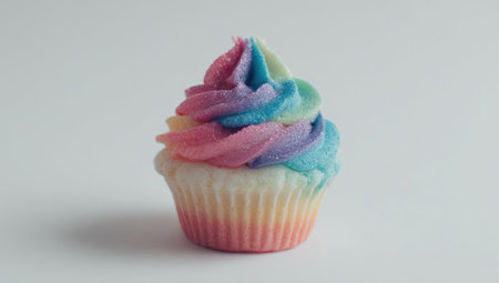 A single cupcake is centered against a plain white backdrop, highlighting its vibrant, rainbow-colored frosting. The image showcases soft lighting, creating a pleasing aesthetic. This visual is suitable for use in food blogs, advertising, and designs related to desserts and confectionery.の素材