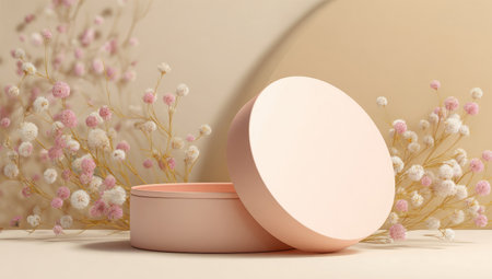 A close-up view presents a cosmetic product display featuring an open circular container. The composition incorporates soft, diffused lighting and a neutral color palette. Delicate floral elements in the background enhance the aesthetic. This image is suitable for promotional materials, beauty product presentations, or cosmetic industry publications.の素材