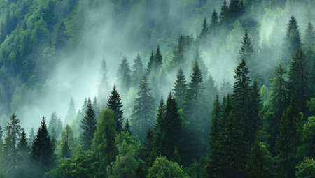 An aerial view presents a dense forest of evergreen trees shrouded in a soft, ethereal mist. The scene displays various shades of green, with texture created by the densely packed foliage. Atmospheric lighting suggests a tranquil, natural environment, suitable for various commercial or editorial applications.の素材