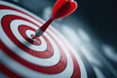 A close-up view depicts a red dart precisely hitting the center of a target. The image showcases a red and white bullseye pattern, with soft lighting and a blurred background. This visual could be used to illustrate concepts related to achievement, precision, and successful goal-setting. It's suitable for various commercial or editorial uses.の素材
